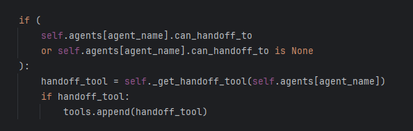 When can_handoff_to is an empty list, the handoff_tool won't be concatenated.